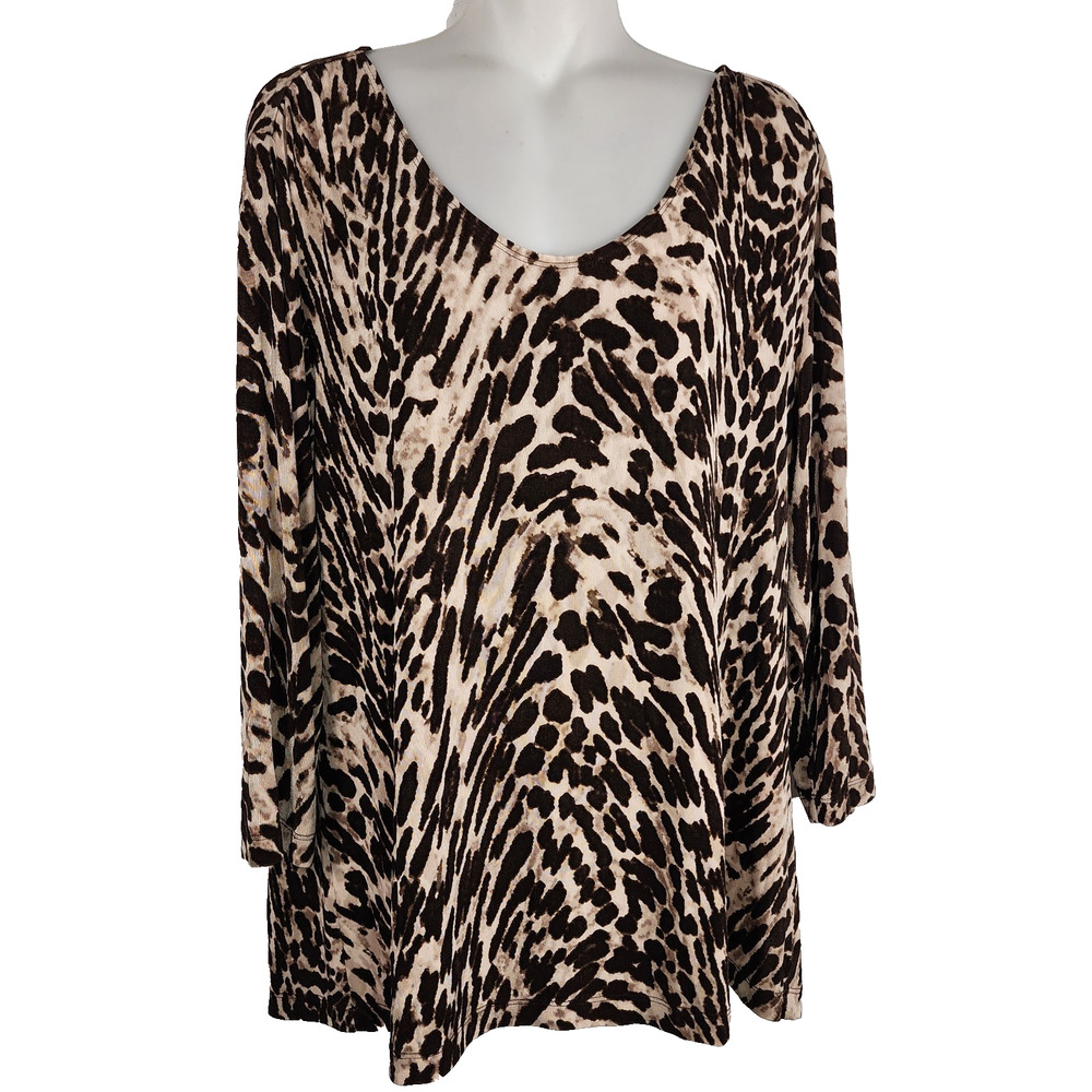 Chico's Travelers Womens Brown Animal Print 3/4 Sleeve Scoop Neck Top XL Slinky